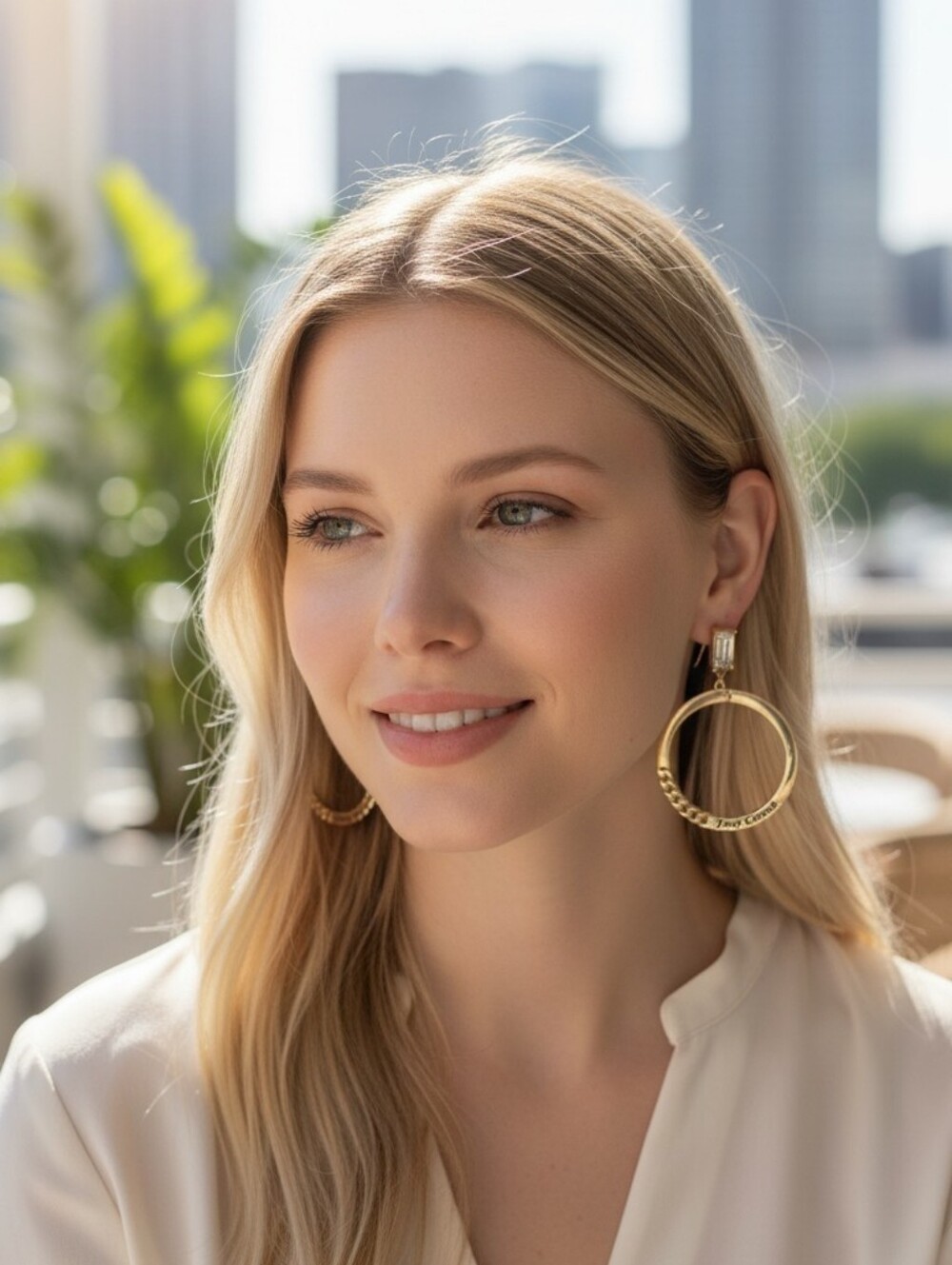 #79 Juicy Couture Gold Chain Hoop Drop Earrings with Baguette Studs